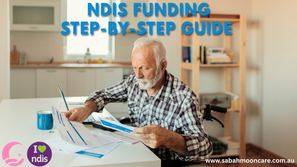 Elderly man in a wheelchair reviewing documents at a kitchen table with a laptop, symbolizing the application process. Text overlay reads "NDIS Funding Step-by-Step Guide." Logos for NDIS and Sabah Moon Care.